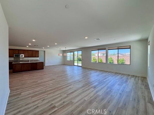 Empty room, Interior, Kitchen, Pendant Lights, Recessed Lighting, Wood Texture Flooring