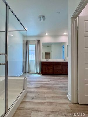 Bathroom, Glass Shower, Interior, Recessed Lighting, Wood Texture Flooring