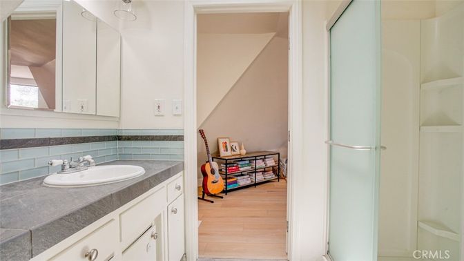 Bathroom, Interior, Tile Countertops, Wood Texture Flooring
