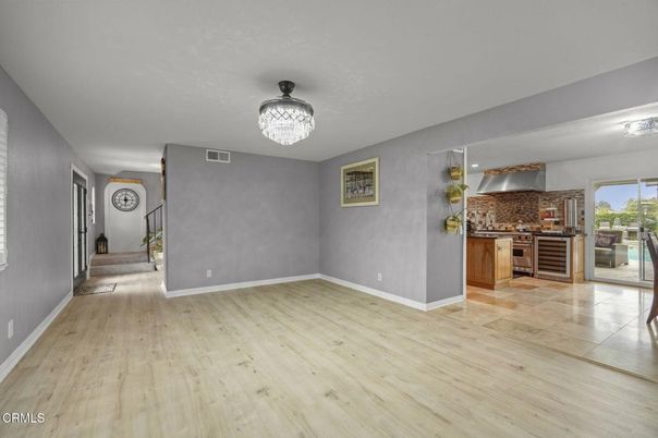 Chandelier, Empty room, Interior, Kitchen, Wood Texture Flooring
