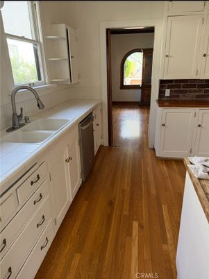 Interior, Kitchen, Tile Countertops, Wood Texture Flooring