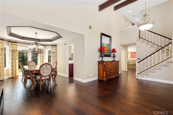Chandelier, Dining room, Interior, Pendant Lights, Recessed Lighting, Wooden Beams, Wood Texture Flooring