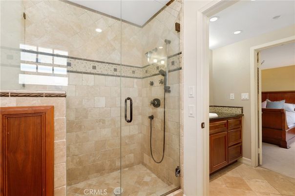 Bathroom, Glass Shower, Interior, Recessed Lighting, Stone Walls