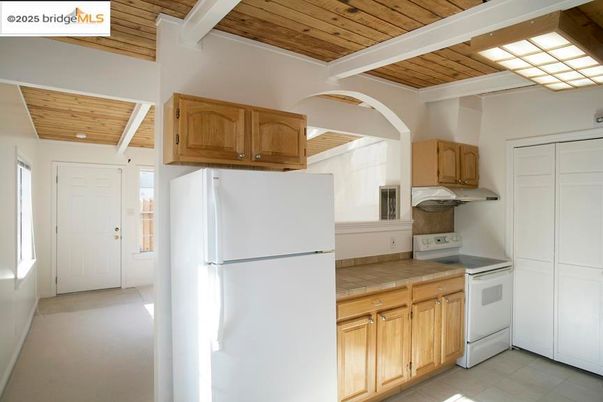 Interior, Kitchen, Tile Countertops, Wooden Ceilings