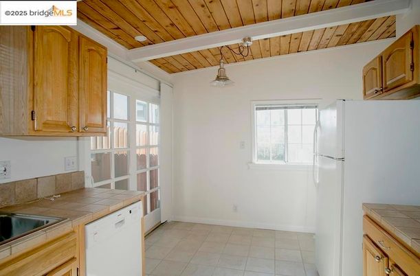 Interior, Kitchen, Tile Countertops, Wooden Ceilings