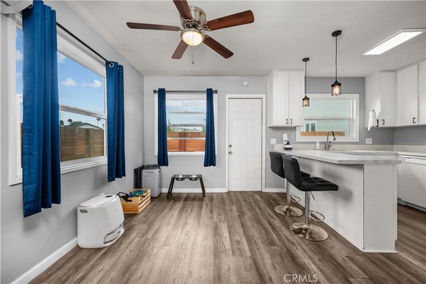 Interior, Kitchen, Pendant Lights, Wood Texture Flooring