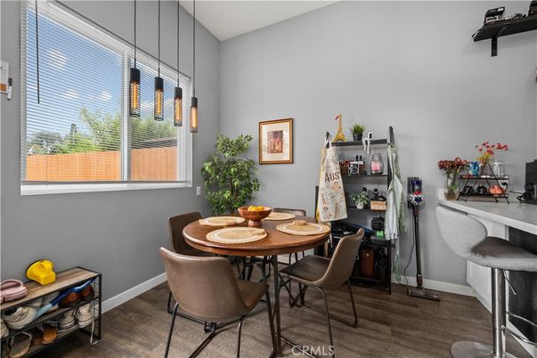 Dining room, Interior, Pendant Lights, Wood Texture Flooring