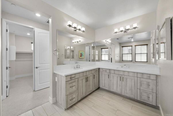 Bathroom, Dual Sink Vanities, Interior, Recessed Lighting, Wood Texture Flooring