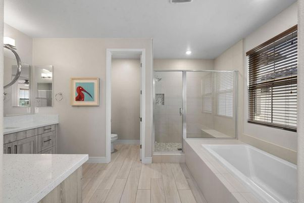 Bathroom, Glass Shower, Interior, Recessed Lighting, Wood Texture Flooring