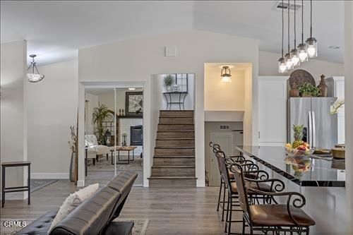 Dining room, Interior, Pendant Lights, Wood Texture Flooring