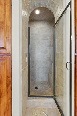 Bathroom, Glass Shower, Interior, Recessed Lighting, Stone Walls