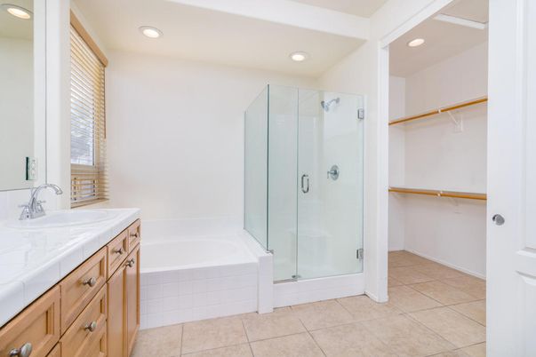 Bathroom, Glass Shower, Interior, Recessed Lighting, Tile Countertops
