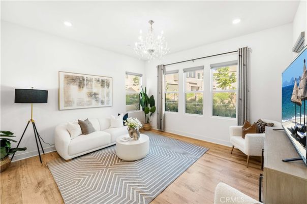 Chandelier, Interior, Living room, Recessed Lighting, Wood Texture Flooring