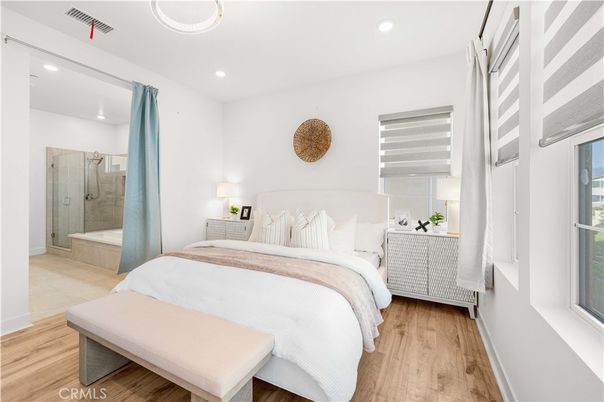 Bathroom, Bedroom, Glass Shower, Interior, Recessed Lighting, Wood Texture Flooring