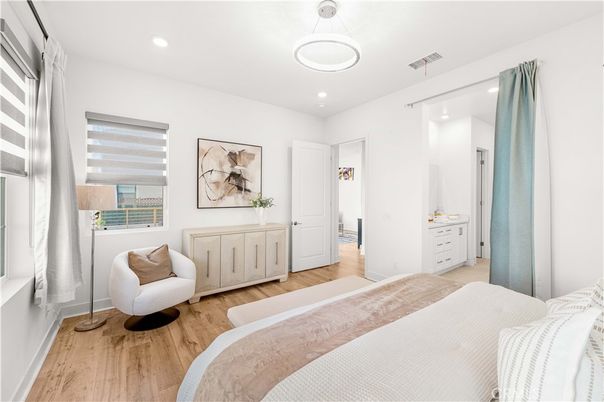 Bedroom, Interior, Pendant Lights, Recessed Lighting, Wood Texture Flooring