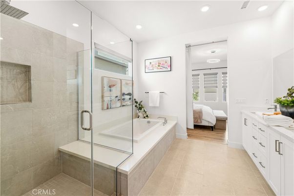 Bathroom, Glass Shower, Interior, Recessed Lighting, Wood Texture Flooring