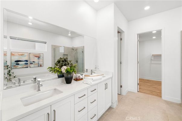 Bathroom, Dual Sink Vanities, Glass Shower, Interior, Recessed Lighting, Wood Texture Flooring