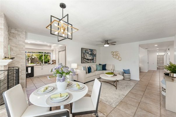 Dining room, Fireplace, Interior, Kitchen, Living room, Pendant Lights, Recessed Lighting, Stone Walls
