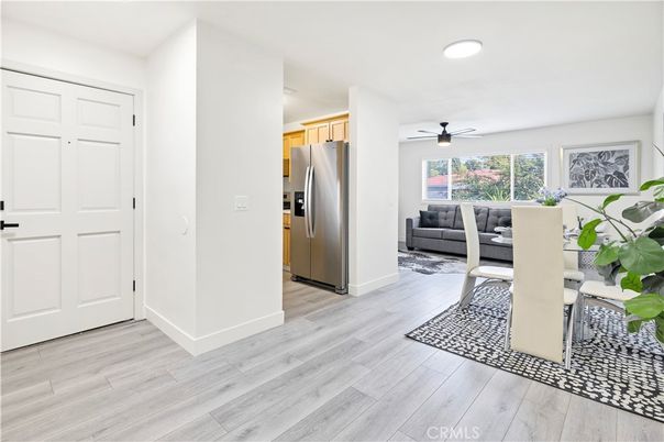 Dining room, Interior, Kitchen, Recessed Lighting, Stainless Steel Appliances, Wood Texture Flooring