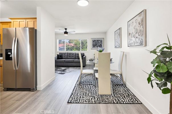 Dining room, Interior, Kitchen, Recessed Lighting, Stainless Steel Appliances, Wood Texture Flooring