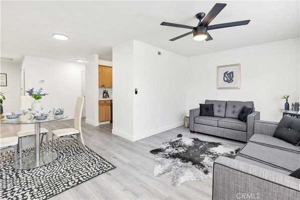 Dining room, Interior, Living room, Recessed Lighting, Wood Texture Flooring
