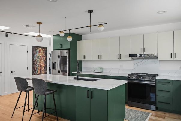 Interior, Kitchen, Marble Walls, Pendant Lights, Recessed Lighting, Stainless Steel Appliances, Wood Texture Flooring