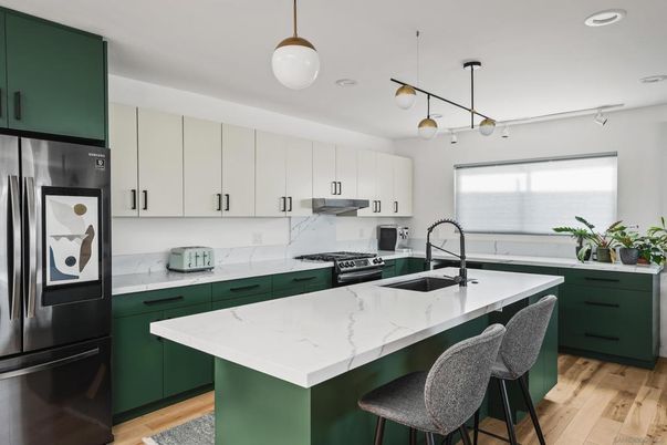Interior, Kitchen, Pendant Lights, Recessed Lighting, Stainless Steel Appliances, Wood Texture Flooring