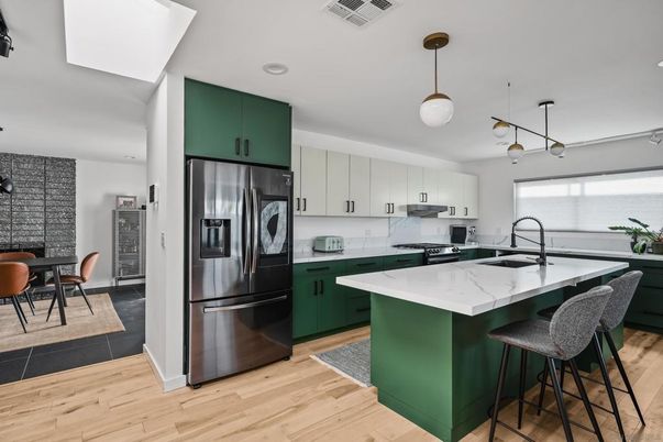 Interior, Kitchen, Pendant Lights, Recessed Lighting, Stainless Steel Appliances, Wood Texture Flooring