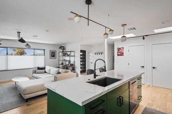 Interior, Kitchen, Living room, Pendant Lights, Recessed Lighting, Wood Texture Flooring