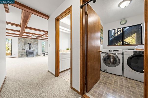 Fireplace, Interior, Stone Walls, Washer, Wooden Beams