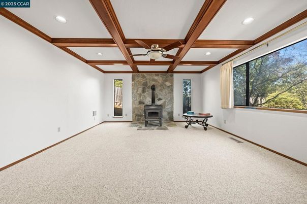 Fireplace, Interior, Recessed Lighting, Stone Walls, Wooden Beams