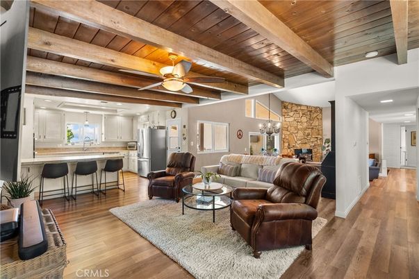 Interior, Kitchen, Living room, Pendant Lights, Recessed Lighting, Stainless Steel Appliances, Stone Walls, Wooden Beams, Wooden Ceilings, Wood Texture Flooring