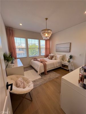 Bedroom, Chandelier, Interior, Recessed Lighting, Wood Texture Flooring