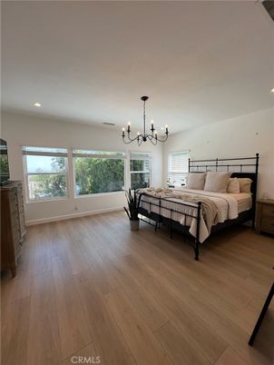 Bedroom, Chandelier, Interior, Recessed Lighting, Wood Texture Flooring
