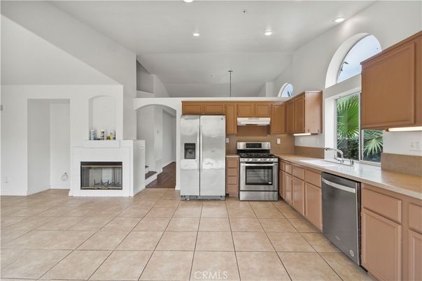 Fireplace, Interior, Kitchen, Recessed Lighting, Stainless Steel Appliances