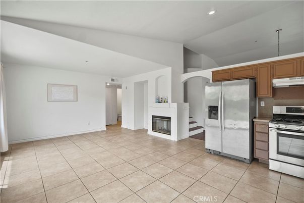 Fireplace, Interior, Kitchen, Recessed Lighting, Stainless Steel Appliances