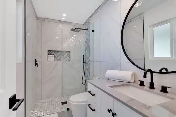 Bathroom, Glass Shower, Interior, Marble Walls, Recessed Lighting