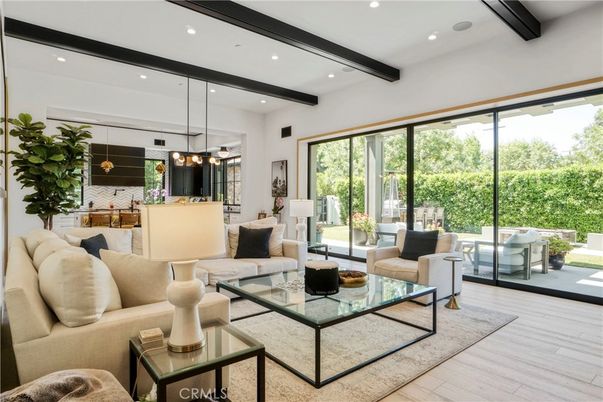 Dining room, Interior, Living room, Pendant Lights, Recessed Lighting, Wooden Beams, Wood Texture Flooring