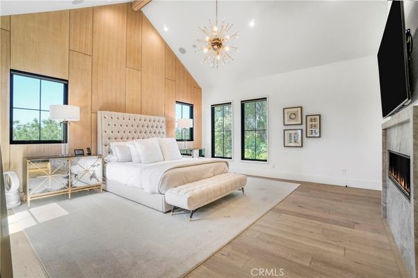 Bedroom, Fireplace, Interior, Pendant Lights, Recessed Lighting, Wood Texture Flooring, Wooden Walls