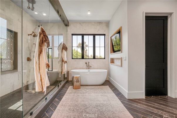 Bathroom, Free Standing Baths, Glass Shower, Interior, Recessed Lighting, Wooden Beams, Wood Texture Flooring