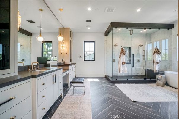 Bathroom, Free Standing Baths, Glass Shower, Interior, Pendant Lights, Recessed Lighting, Wood Texture Flooring