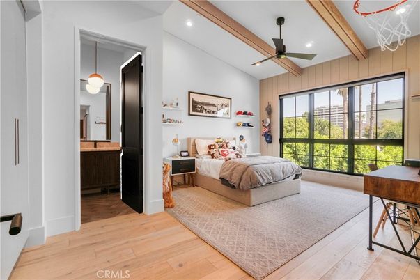 Bedroom, Interior, Pendant Lights, Recessed Lighting, Wood Texture Flooring