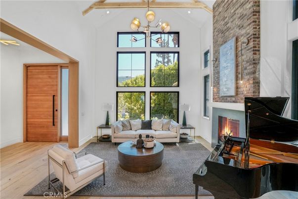 Fireplace, Interior, Living room, Pendant Lights, Piano, Stone Walls, Wooden Beams, Wood Texture Flooring