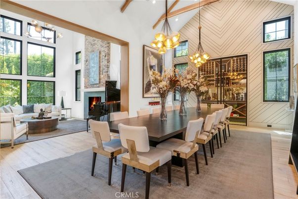 Chandelier, Dining room, Fireplace, Interior, Living room, Pendant Lights, Wood Texture Flooring