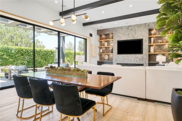 Dining room, Fireplace, Interior, Living room, Pendant Lights, Recessed Lighting, Wood Texture Flooring