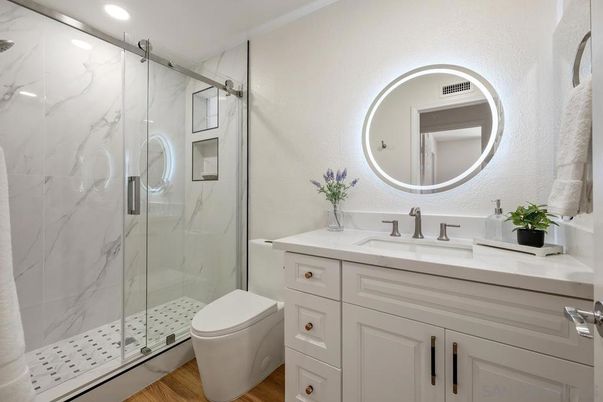 Bathroom, Glass Shower, Interior, Marble Walls, Recessed Lighting, Wood Texture Flooring