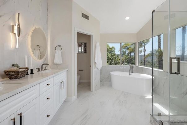 Bathroom, Dual Sink Vanities, Free Standing Baths, Glass Shower, Interior, Marble, Marble Walls, Recessed Lighting
