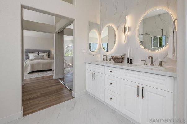 Bathroom, Bedroom, Dual Sink Vanities, Interior, Marble, Wood Texture Flooring