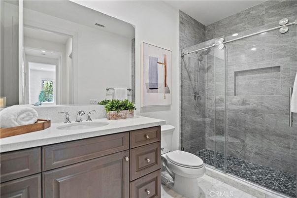 Bathroom, Glass Shower, Interior, Marble, Marble Walls, Recessed Lighting