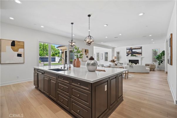 Fireplace, Interior, Kitchen, Living room, Pendant Lights, Recessed Lighting, Wood Texture Flooring